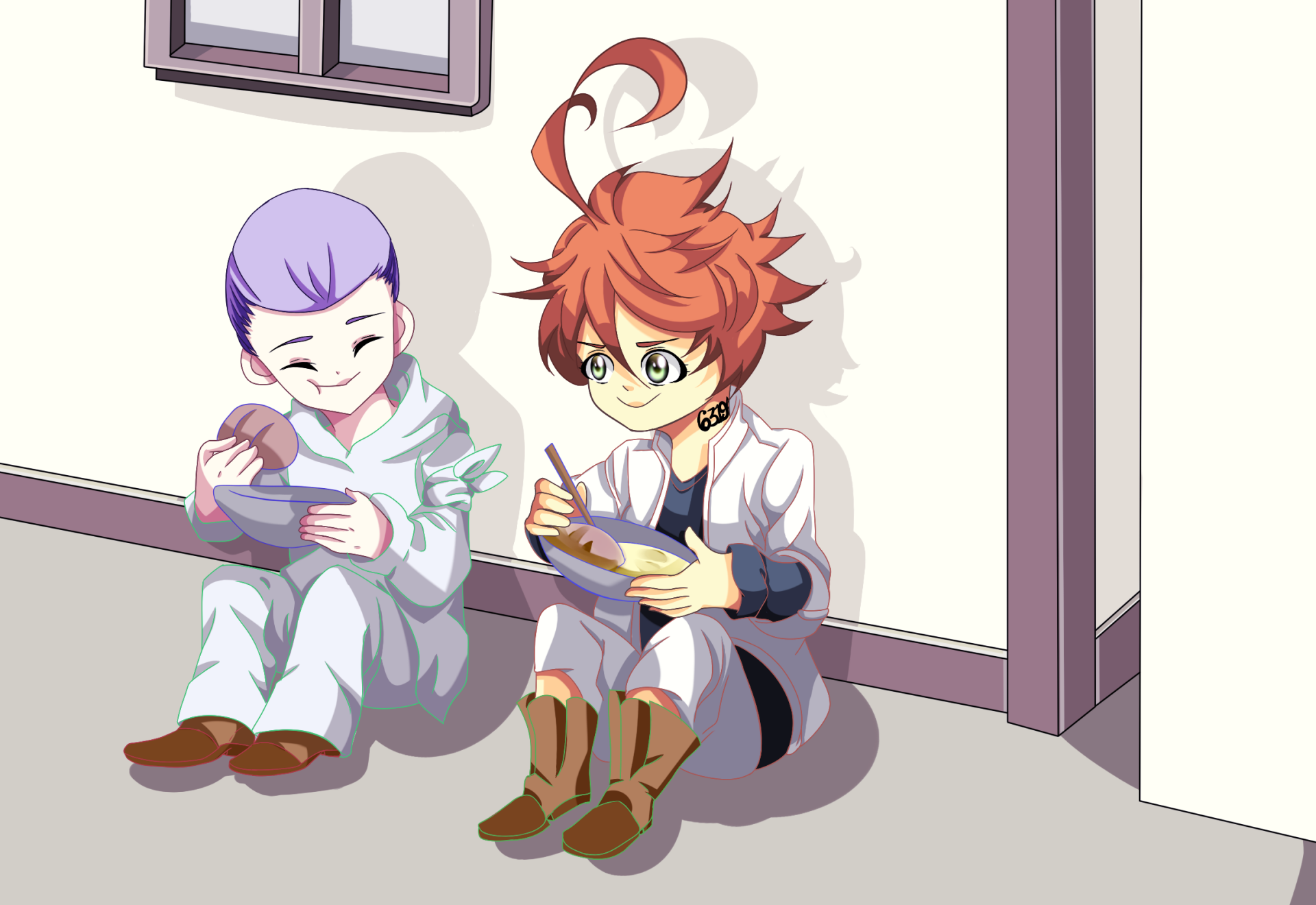 HD anime desktop wallpaper: two The Promised Neverland children—orange‑tufted girl and pale‑violet‑haired boy—sitting by a wall, eating from bowls.