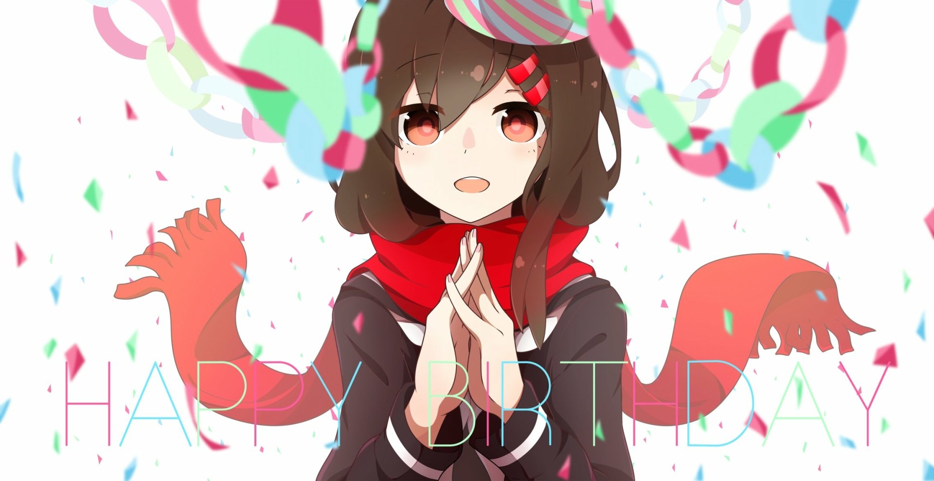 Ayano Tateyama from Kagerou Project — anime HD PC desktop wallpaper: smiling girl in red scarf clasps hands amid colorful confetti and paper chains, birthday text faintly visible.