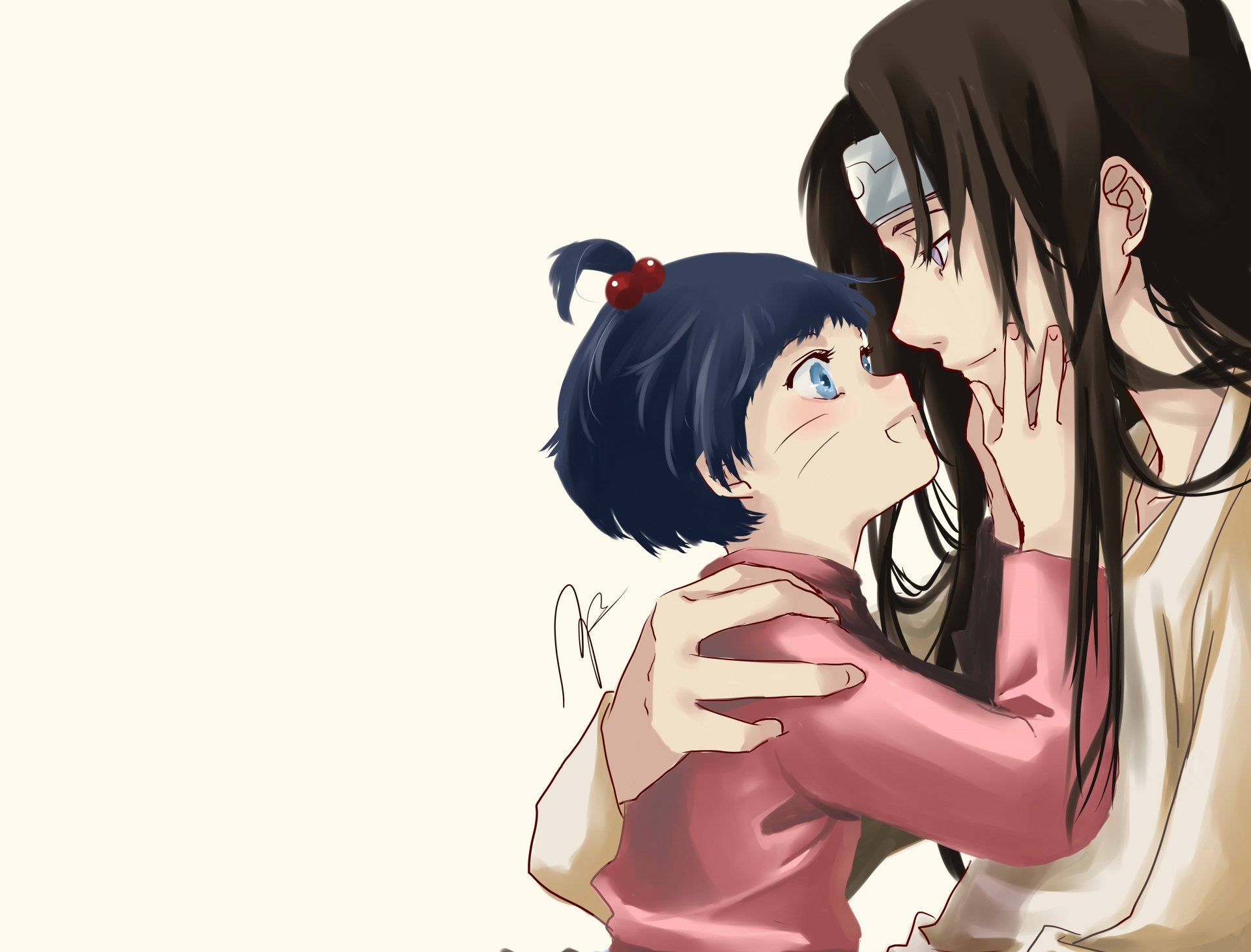 Anime Boruto 5K Ultra HD PC desktop wallpaper: Hinata cradling young Himawari in a tender embrace against a soft beige background.