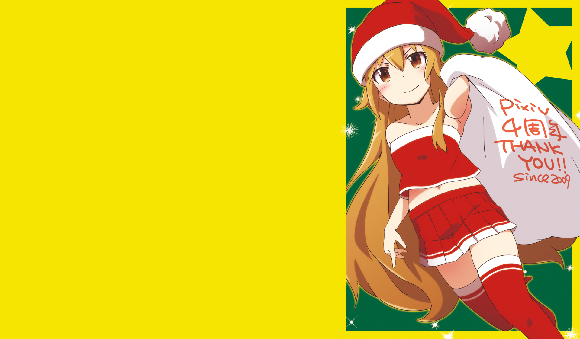HD PC desktop wallpaper of Taiga Aisaka from the anime Toradora!, dressed in a Santa outfit and holding a gift sack at right against a bright yellow background.