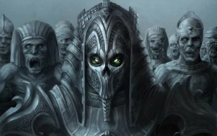 HD PC desktop wallpaper featuring a dark, eerie demon warrior with glowing green eyes surrounded by sinister undead figures in a shadowy, ominous setting.