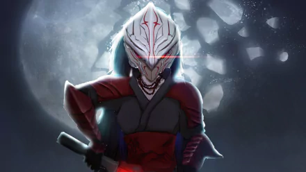 Raven Branwen from RWBY in detailed anime style, wearing a red and black outfit with a menacing mask, set against a glowing moonlit night, rendered in 4K Ultra HD.