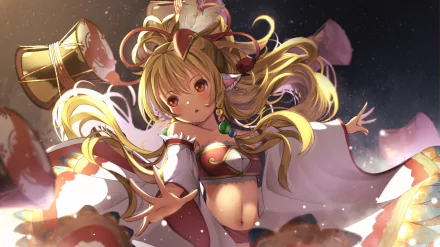 HD anime desktop wallpaper featuring Mahira from Granblue Fantasy with flowing blonde hair and vibrant, detailed fantasy attire against a starry night sky.