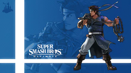 HD PC desktop wallpaper featuring Richter Belmont from the video game Super Smash Bros. Ultimate, showcasing his character design against a blue background.