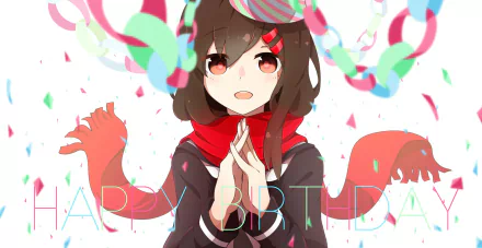Ayano Tateyama from Kagerou Project — anime HD PC desktop wallpaper: smiling girl in red scarf clasps hands amid colorful confetti and paper chains, birthday text faintly visible.