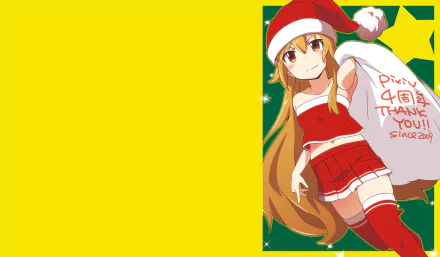 HD PC desktop wallpaper of Taiga Aisaka from the anime Toradora!, dressed in a Santa outfit and holding a gift sack at right against a bright yellow background.