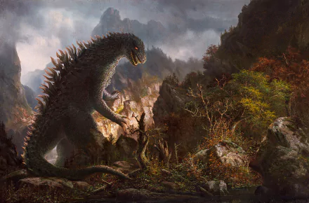 A stunning HD wallpaper featuring Godzilla towering over a dramatic landscape, surrounded by rocky terrain and vibrant autumn foliage, embodying the iconic monster movie atmosphere.