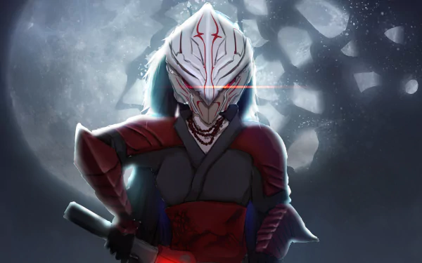 Raven Branwen from RWBY in detailed anime style, wearing a red and black outfit with a menacing mask, set against a glowing moonlit night, rendered in 4K Ultra HD.