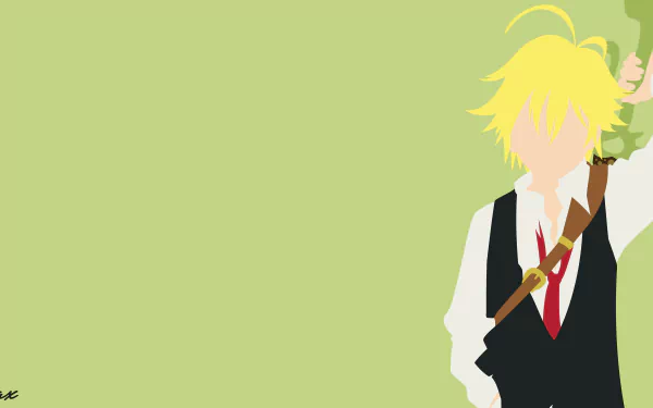 8K Ultra HD anime wallpaper: minimalist, faceless Meliodas (The Seven Deadly Sins) in vest and red tie, sword slung over shoulder against a pale green background.