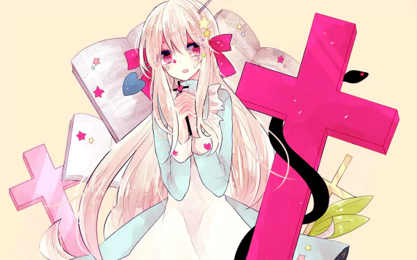 HD PC desktop wallpaper of Marry Kozakura (Kagerou Project): pink anime girl with long pale hair, holding a finger to her lips amid oversized pink crosses and pastel background accents.