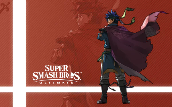 HD PC desktop wallpaper featuring Ike from Fire Emblem in Super Smash Bros. Ultimate, with a bold red background and the game's logo.