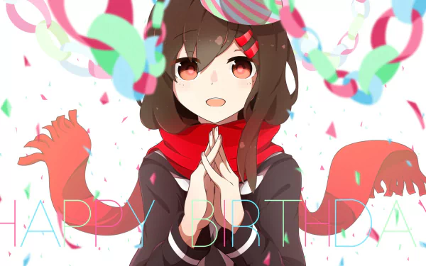 Ayano Tateyama from Kagerou Project — anime HD PC desktop wallpaper: smiling girl in red scarf clasps hands amid colorful confetti and paper chains, birthday text faintly visible.