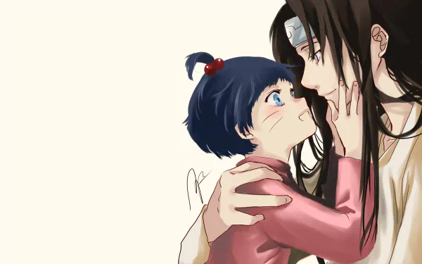 Anime Boruto 5K Ultra HD PC desktop wallpaper: Hinata cradling young Himawari in a tender embrace against a soft beige background.