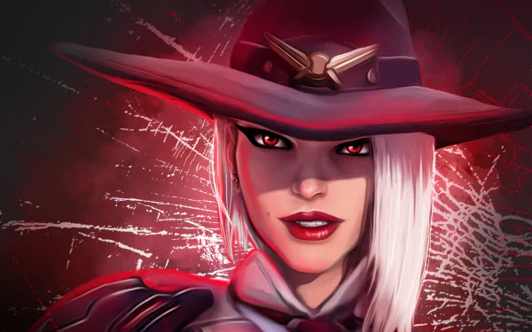 red eyes lipstick white hair hat face Ashe (Overwatch) video game Overwatch HD Desktop Wallpaper | Background Image