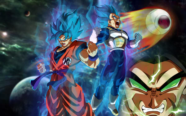 4K Ultra HD Dragon Ball Super: Broly wallpaper featuring Goku and Vegeta in dynamic battle poses with vibrant energy effects, set against a cosmic background.