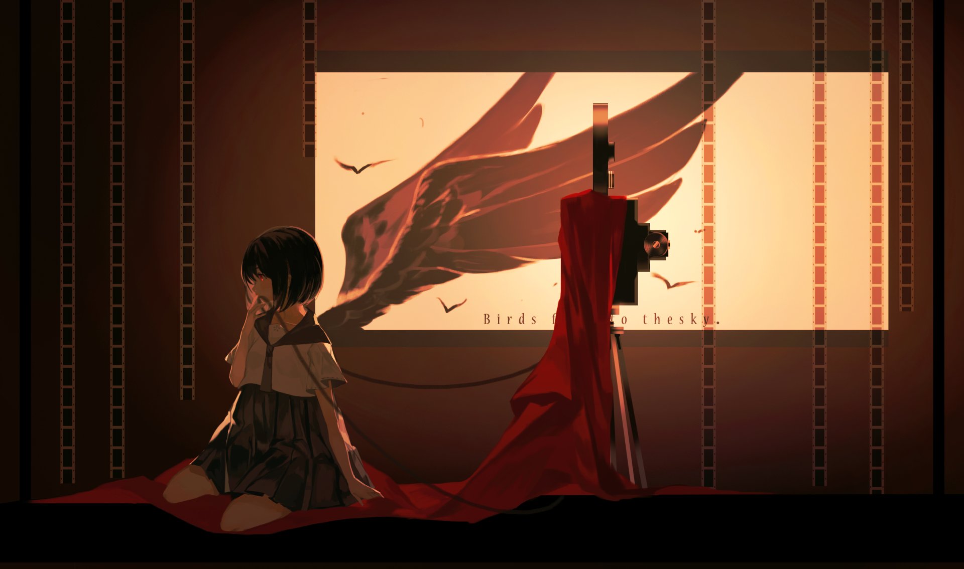 2K Quad HD anime wallpaper: short black‑haired, red‑eyed character sits beside a sword and flowing red cloth, the backlit frame dominated by the shadow of a large winged bird.