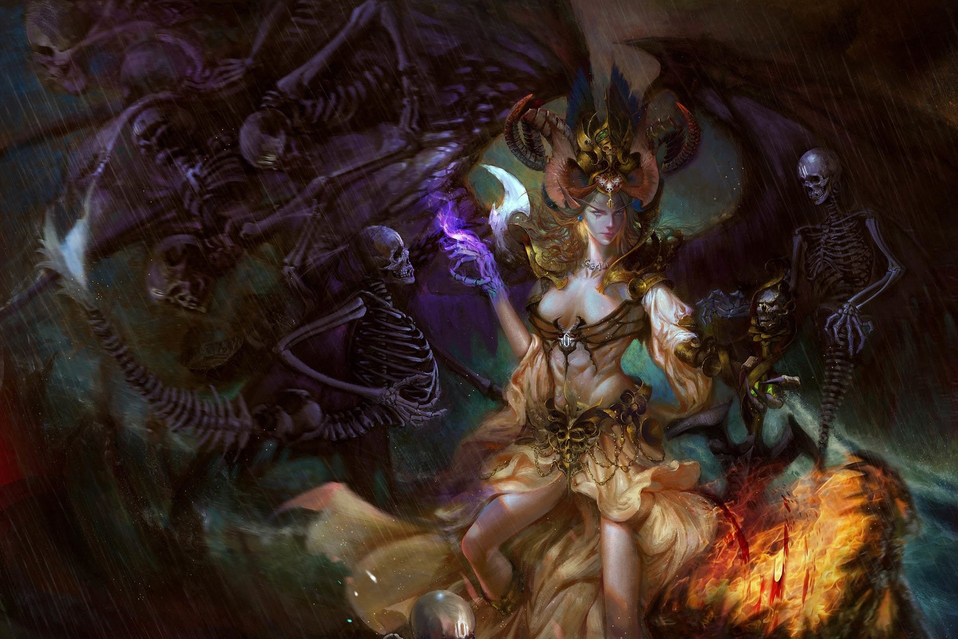 HD fantasy desktop wallpaper featuring a powerful demon queen surrounded by dark skeletal warriors in a fiery, mystical setting.