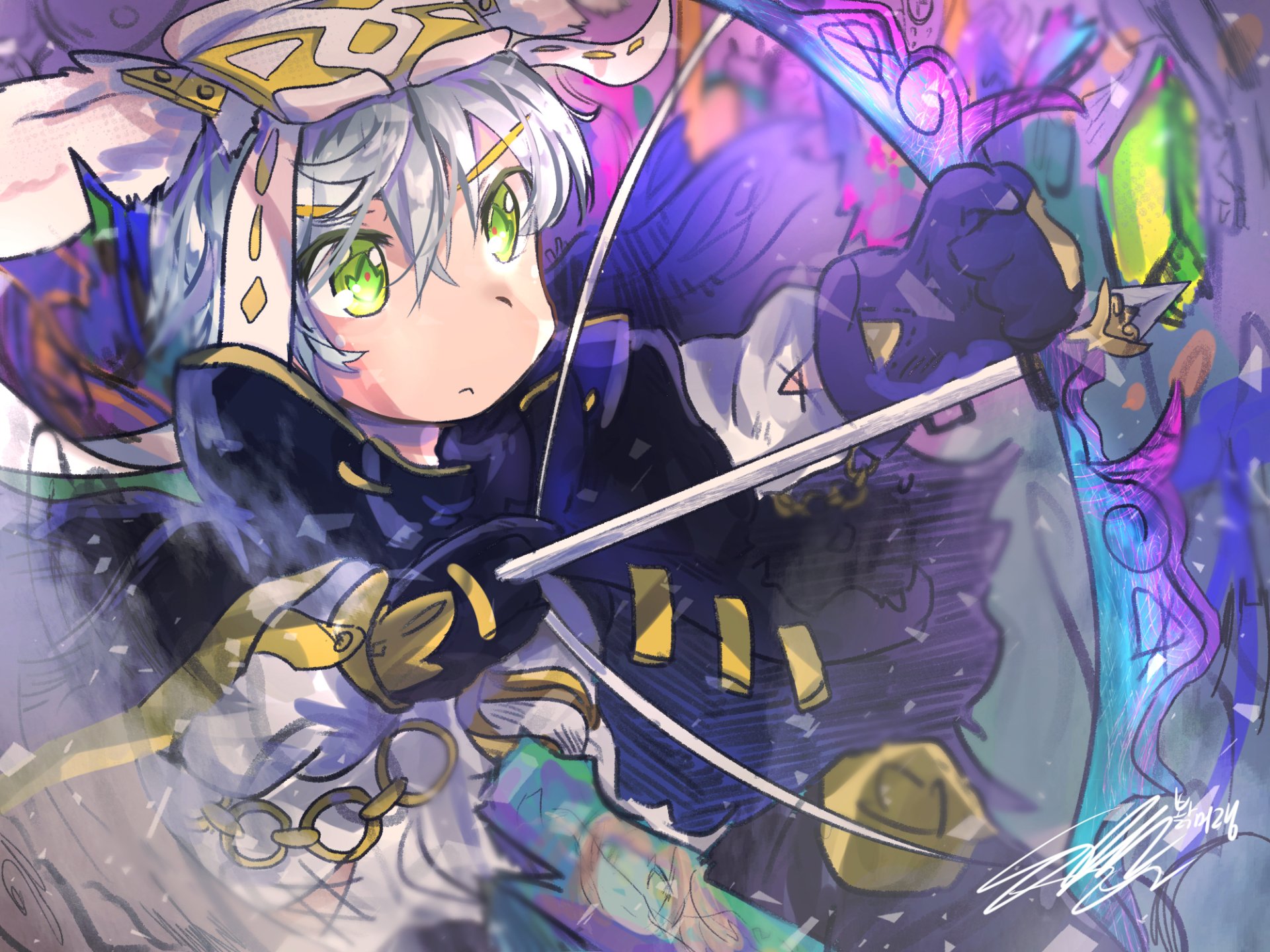 HD anime-style original artwork featuring a character with green eyes and silver hair, wielding a bow, designed as a vibrant PC desktop wallpaper.