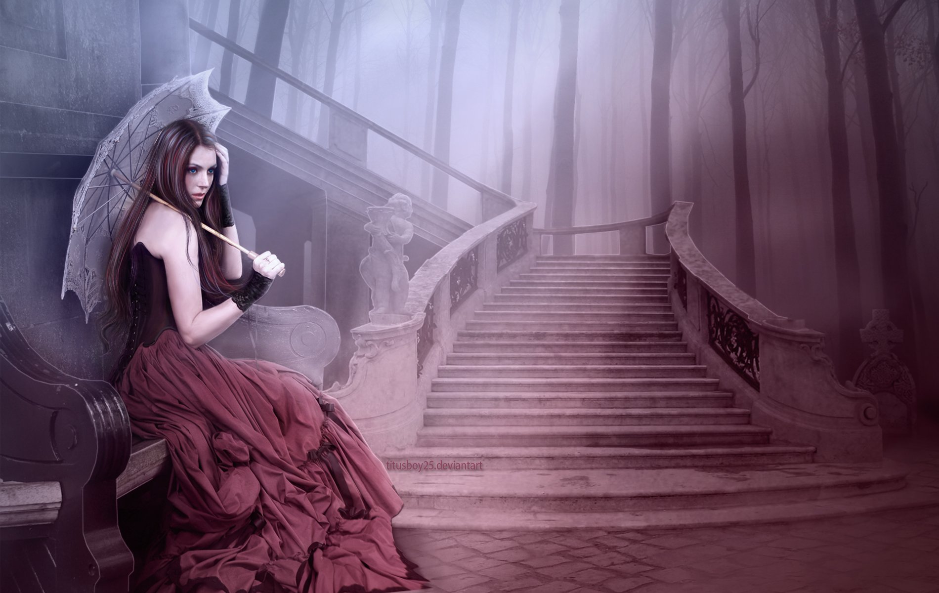 A fantasy-themed HD desktop wallpaper featuring a woman in a flowing red gown, holding an umbrella, seated elegantly beside a grand staircase set in a misty forest.