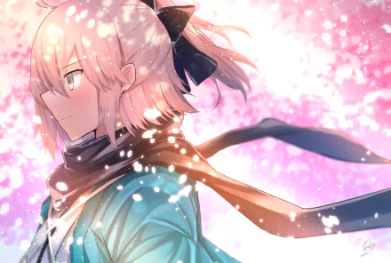 HD anime desktop wallpaper featuring Sakura Saber (Okita Souji) from Fate/Grand Order, surrounded by glowing cherry blossoms and soft pink light.