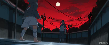HD anime wallpaper featuring Sasuke Uchiha and Itachi Uchiha from Naruto under a red sky with a full moon and birds perched on power lines.