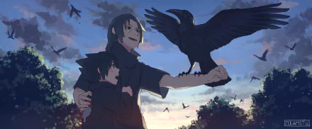 Itachi Uchiha and young Sasuke Uchiha from Naruto share a quiet sunset moment as crows fly, Itachi extending his arm with a crow perched — HD anime PC desktop wallpaper.