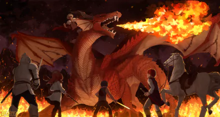 2K Quad HD desktop wallpaper of My Hero Academia: Izuku Midoriya, Katsuki Bakugou, Shoto Todoroki, Ochaco Uraraka, Tenya Iida and Eijiro Kirishima confronting a fire-breathing dragon amid flames.