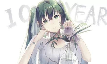 Hatsune Miku (Anime, Vocaloid) 8K Ultra HD PC desktop wallpaper: green‑haired twin tails holding a flower in a vase, soft lighting and pale background with faint 10 YEAR lettering.