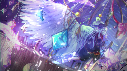 Vibrant anime-style original artwork depicting a winged character with floating blue crystals, rendered in stunning 4K Ultra HD as a dynamic PC desktop wallpaper.