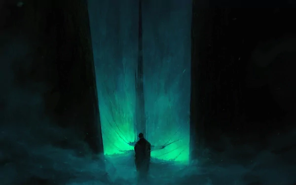 A dark, atmospheric HD desktop wallpaper featuring a shadowy figure standing before a glowing, ethereal portal, evoking a sense of evil and mystery.