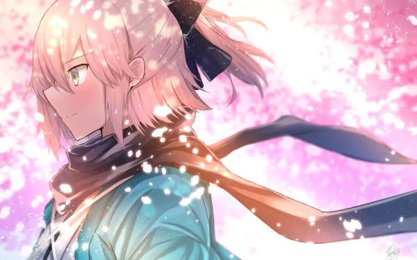 HD anime desktop wallpaper featuring Sakura Saber (Okita Souji) from Fate/Grand Order, surrounded by glowing cherry blossoms and soft pink light.