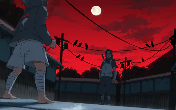 HD anime wallpaper featuring Sasuke Uchiha and Itachi Uchiha from Naruto under a red sky with a full moon and birds perched on power lines.