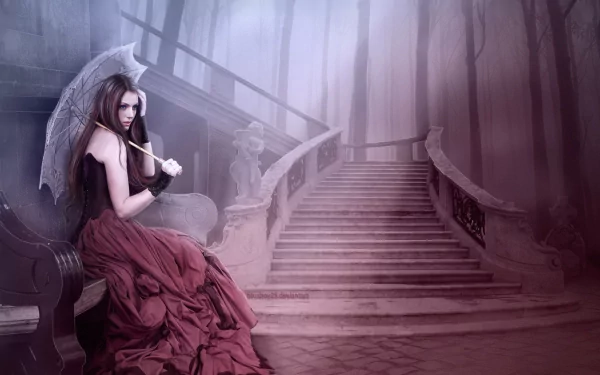 A fantasy-themed HD desktop wallpaper featuring a woman in a flowing red gown, holding an umbrella, seated elegantly beside a grand staircase set in a misty forest.