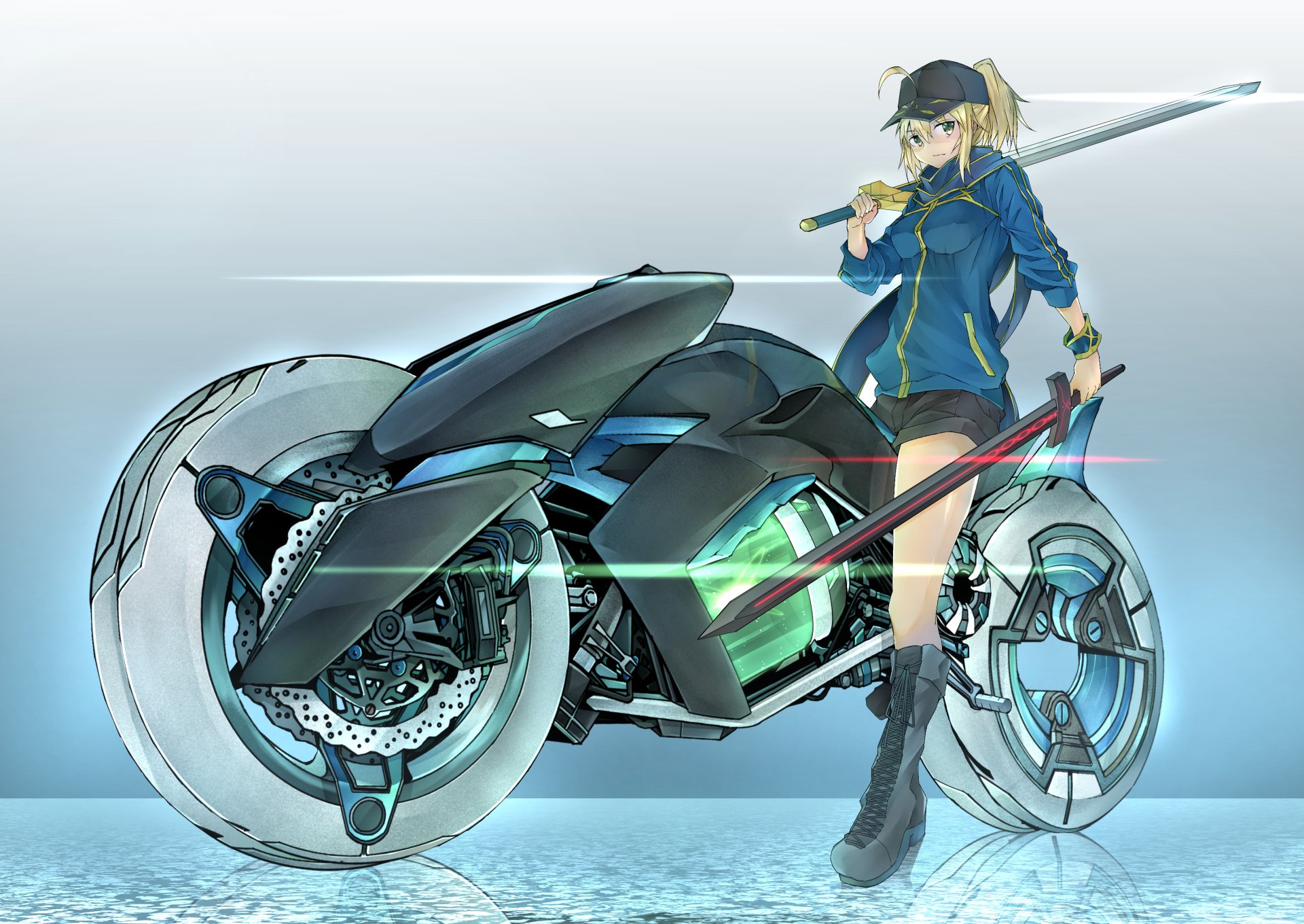 HD desktop wallpaper featuring Mysterious Heroine X from Fate/Grand Order standing beside a futuristic Excalibur-themed motorcycle in anime style.