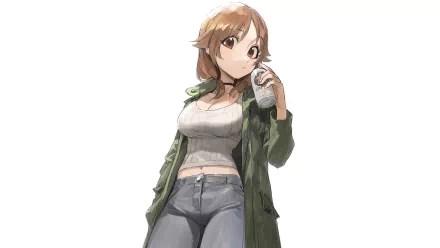 Sanae Katagiri (The iDOLM@STER Cinderella Girls) anime 4K Ultra HD PC desktop wallpaper: standing in a green coat, white crop top and jeans, casually holding a can.