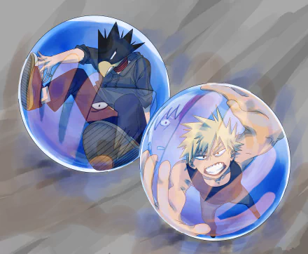 An 8K Ultra HD PC desktop wallpaper featuring Katsuki Bakugou and Fumikage Tokoyami from the anime My Hero Academia inside transparent bubbles.