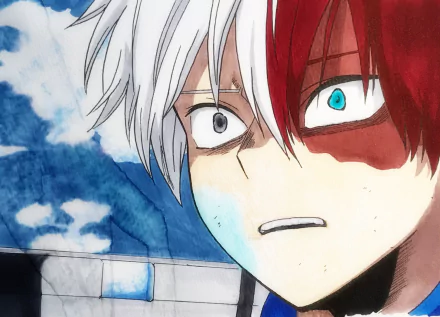 HD desktop wallpaper featuring Shoto Todoroki from the anime My Hero Academia with his distinct half-red, half-white hair and intense gaze.