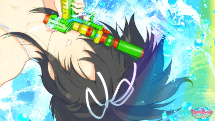 Video game HD PC desktop wallpaper of SENRAN KAGURA Peach Beach Splash: close-up of a female character holding a colorful water gun, hair and water splashing across a vibrant blue background.