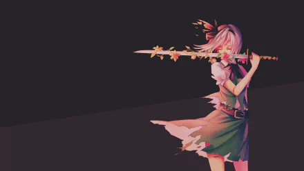 Anime-style HD desktop wallpaper featuring Youmu Konpaku from Touhou, holding a katana with falling leaves in a dark, minimalist background.