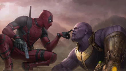 HD desktop wallpaper featuring Deadpool playfully poking Thanos' nose in a vibrant crossover scene from their respective movies, set against a dramatic background.