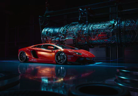 A stunning HD wallpaper featuring a bright red Lamborghini Aventador LP 700-4 supercar under futuristic lighting, creating a sleek and high-tech background.