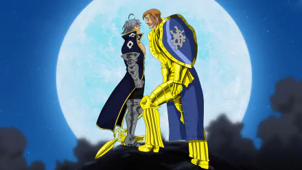 HD anime desktop wallpaper featuring Escanor and Estarossa from The Seven Deadly Sins standing face to face under a large full moon.