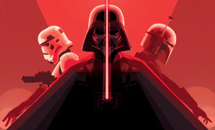 HD desktop wallpaper featuring Darth Vader with a lightsaber, flanked by a stormtrooper and Boba Fett against a red sci-fi Star Wars backdrop.