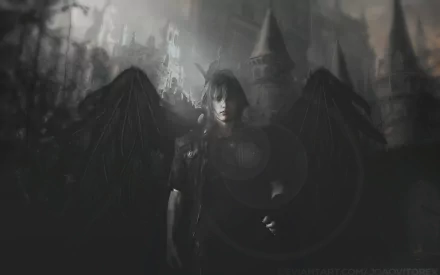 HD PC desktop wallpaper of Noctis Lucis Caelum, video game character from Final Fantasy XV — dark monochrome portrait with black wings before a ruined castle, cinematic fan art background