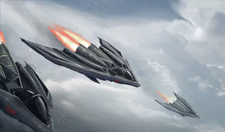 Sci-Fi aircraft in formation streak across stormy clouds with glowing orange thrusters — HD PC desktop wallpaper and background.