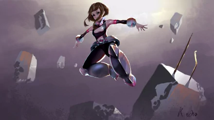 HD PC desktop wallpaper of Ochaco Uraraka (Anime, My Hero Academia) floating in a dynamic pose amid levitating rubble, soft lighting and a stylized background.