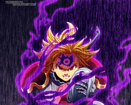HD PC wallpaper of Meliodas and Elizabeth Liones (The Seven Deadly Sins), anime style — Meliodas bares a demonic mark with a crackling purple aura amid pouring rain, intense expression.