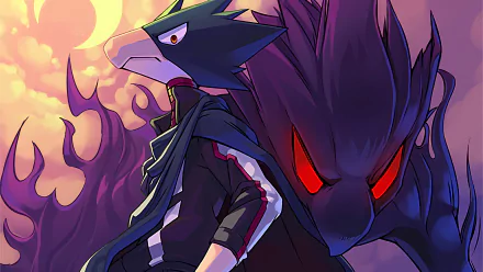 HD desktop wallpaper featuring Fumikage Tokoyami from My Hero Academia. Tokoyami stands with his Dark Shadow in a dramatic, fiery background.