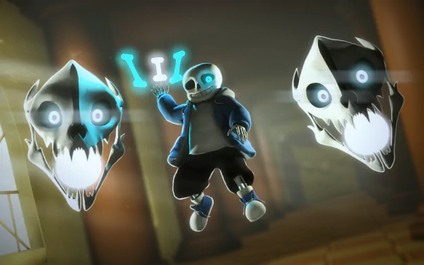 A 4K Ultra HD PC desktop wallpaper featuring Sans from the video game Undertale, surrounded by glowing blue skeletal skulls in a dark, atmospheric setting.