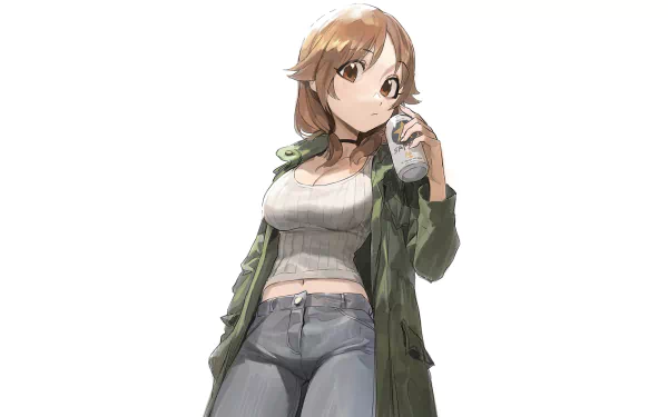 Sanae Katagiri (The iDOLM@STER Cinderella Girls) anime 4K Ultra HD PC desktop wallpaper: standing in a green coat, white crop top and jeans, casually holding a can.